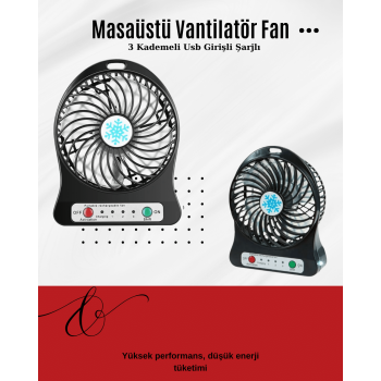 USB Girişli Taşınabilir Masaüstü Mini Fan – 3 Kademeli Hız, Şarjlı, Işıklı, Sessiz Çalışma