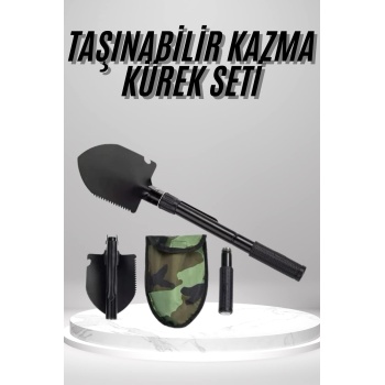 Pusulalı Katlanabilen Portatif Çantalı Mini Kazma Kürek Seti