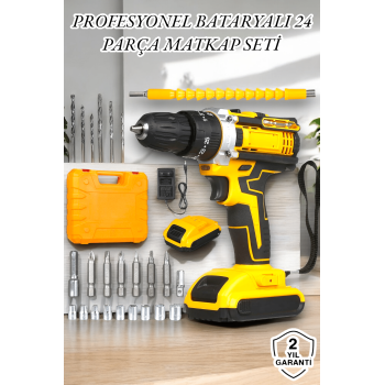 24 Parça Çift Bataryalı Şarjlı Matkap Seti 24W Motor ve Otomatik Mil Kilitli Tasarım
