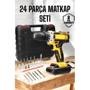 Çift Bataryalı Metal Dişli Darbeli Şarjlı Matkap Seti 24W Güç ve 24 Parça Aksesuar