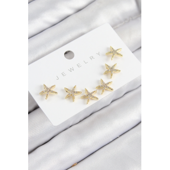 BFS Pirinç Zirkon Taşlı Deniz Yıldızı Model Gold Renk 925 Ayar Gümüş Çivi Kadın Küpe Set