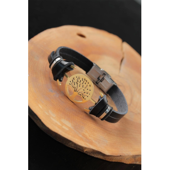 BFS Gold Renk Metal Ağaçlı Tasarım Siyah Renk Deri Erkek Bileklik