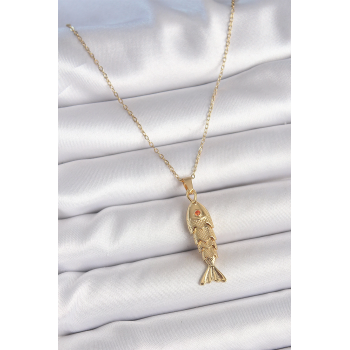 BFS 316L Çelik Zincir Gold Renk Zirkon Taşlı Balık Figürlü Kolye