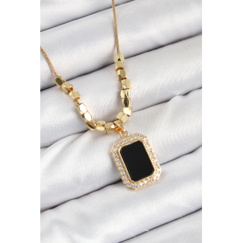 BFS 316L Çelik Zirkon Taşlı Siyah Baget Model Gold Renk Kadın Kolye