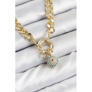 BFS Pirinç Zirkon Taşlı Nazar Boncuk Detaylı Klasik Zincir Model Gold Renk Kadın Kolye