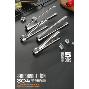 Mini 12.5 cm Buz Maşası - Şeker Limon Maşası Kokteyl Servis Maşası 5 li PAKET 304 Paslanmaz Çelik