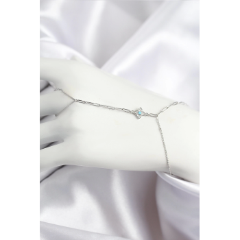 BFS Pirinç Zirkon Taşlı Mavi Boncuklu Yonca Model Gümüş Renk Şahmeran