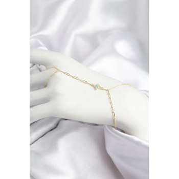 BFS Pirinç Zirkon Taşlı Mavi Boncuklu Yonca Model Gold Renk Şahmeran