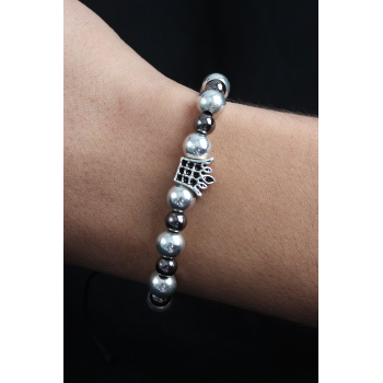 BFS Doğal Taş Kral Tacı Model Gümüş Ve Füme Renk Asansörlü Erkek Bileklik