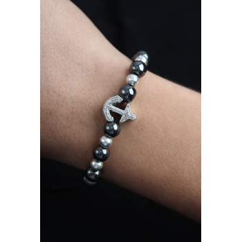 BFS Doğal Taş Çapa Model Gümüş Ve Füme Renk Asansörlü Erkek Bileklik