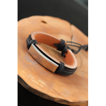 BFS Çelik Aksesuarlı Siyah Renk Deri Erkek Bileklik