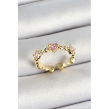 BFS Pirinç Sıralı Kalp Figürlü Zirkon Taşlı Gold Renk Ayarlanabilir Kadın Yüzük