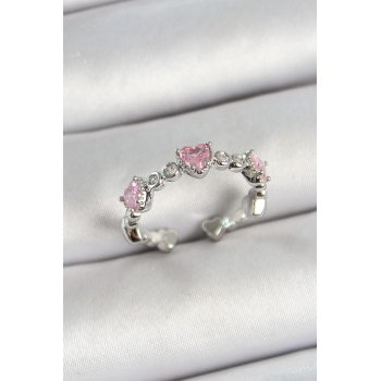 BFS Pirinç Sıralı Kalp Figürlü Zirkon Taşlı Gümüş Renk Ayarlanabilir Kadın Yüzük