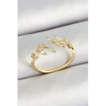 BFS Pirinç Yaprak Figürlü Zirkon Taşlı Gold Renk Ayarlanabilir Kadın Yüzük