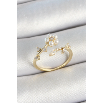 BFS Pirinç İnci Detaylı Papatya Figürlü Zirkon Taşlı Gold Renk Ayarlanabilir Kadın Yüzük