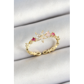 BFS Pirinç Papatya Figürlü Zirkon Taşlı Gold Renk Ayarlanabilir Kadın Yüzük