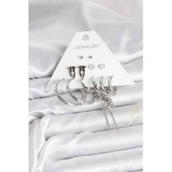 BFS Gümüş Renk Pirinç 6lı Kadın Küpe Seti