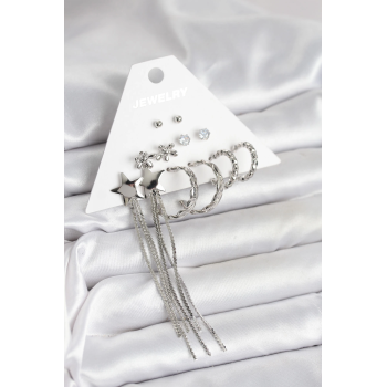 BFS Gümüş Renk Pirinç 6 Çift Kadın Küpe Seti