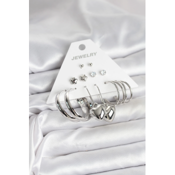 BFS Pirinç Gümüş Renk 6 Çift Kadın Küpe Seti