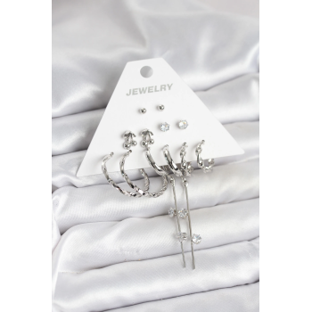 BFS Gümüş Renk Pirinç 6lı Kadın Küpe Seti