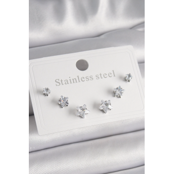 BFS 316L Çelik Gümüş Renk Zirkon Taşlı Yıldız Model Kadın Küpe Seti