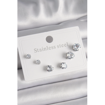 BFS 316L Çelik Gümüş Renk Zirkon Taşlı Kalp Model Kadın Küpe Seti