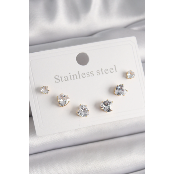 BFS 316L Çelik Gold Renk Zirkon Taşlı Kalp Model Kadın Küpe Seti