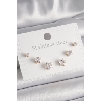 BFS 316L Çelik Gold Renk Zirkon Taşlı Yıldız Model Kadın Küpe Seti