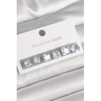 BFS 316L Çelik Gümüş Renk Kare Zirkon Taşlı Kadın Küpe Seti