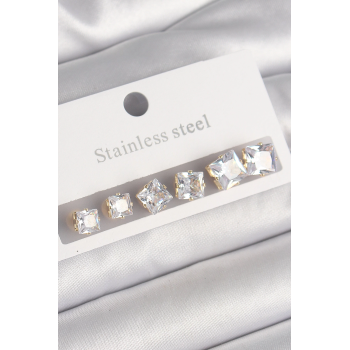 BFS 316L Çelik Gold Renk Kare Zirkon Taş Model Kadın Küpe Seti