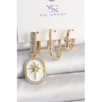BFS Pirinç Gold Renk Sallantı Zirkon Taş İşlmeli Yıldız Portre Model 3Lü Kadın Kombin Küpe