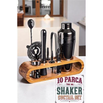 BFS Shaker Kokteyl Set - 10 Parça 750 ML Shaker Coctail Set Bambu Standlı