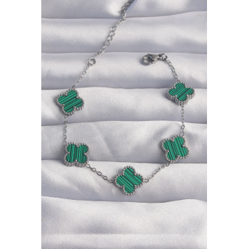 BFS 316L Çelik Gümüş Renk Çizgili Yeşil Mineli Yonca Bileklik