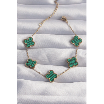 BFS 316L Çelik Gold Renk Çizgili Yeşil Mineli Yonca Bileklik