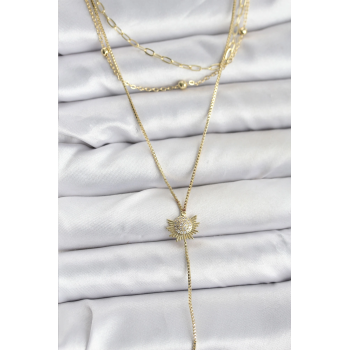 BFS Pirinç Gold Renk Zirkon Taşlı Güneş Model Detaylı 3lü Kombin Y Kadın Kolye