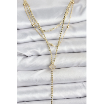 BFS Pirinç Gold Renk Zirkon Taşlı Yonca Model Detaylı 3lü Kombin Y Kadın Kolye