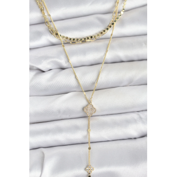 BFS Pirinç Gold Renk Zirkon Taşlı Yoncalı Model Detaylı 3lü Kombin Y Kadın Kolye