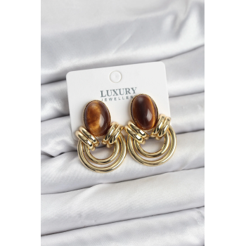 BFS Pirinç Gold Renk Kahverengi Taşlı Vintage Kadın Küpe