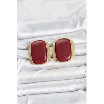 BFS Pirinç Gold Renk Bordo Plaka Vintage Kadın Küpe