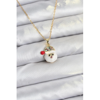 BFS 316L Çelik Zincir Gold Renk Şapkalı Kardan Adam Kafası Model Yılbaşı Temalı Kadın Kolye