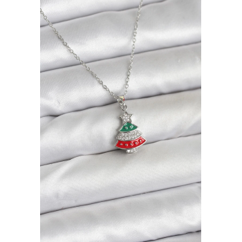 BFS 316L Çelik Zincir Gümüş Ren Çam Ağacı Model Zirkon Taşlı Yılbaşı Temalı Kadın Kolye