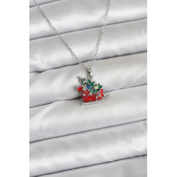 BFS 316L Çelik Zincir Gümüş Renk Kızak ve Çam Ağacı Figürlü Yılbaşı Temalı Kadın Kolye