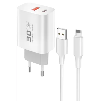 Konfulon C89Q 1 Adet 30W Type-C ve 1 Adet 22.5W USB Çıkışlı Ekstra DL48 1M USB to Lightning Kablolu PD Şarj Cihazı - Beyaz