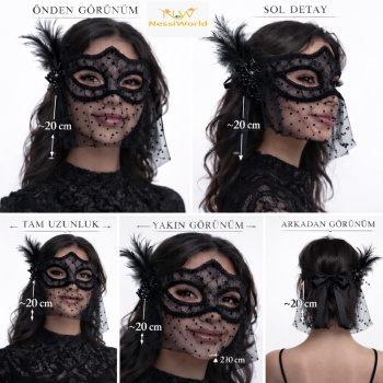 Siyah Dantel Tüllü Peçeli Parti Maskesi