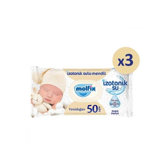 Yenidoğan İzotonik Sulu Doğal Pamuk Islak Havlu Mendil 3Lü 150 Yaprak