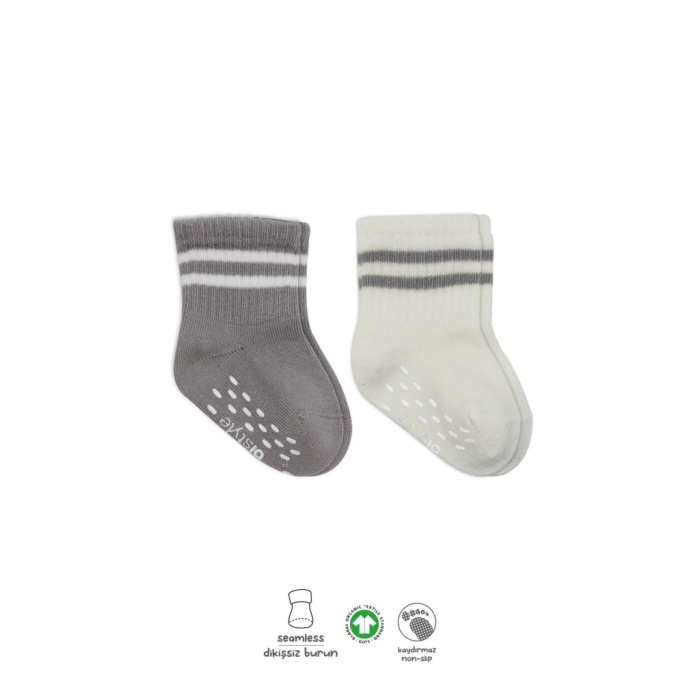 Çemberli Kaymaz Soket Çorap 2Li BS10125 Gri Ekru