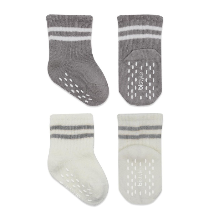 Çemberli Kaymaz Soket Çorap 2Li BS10125 Gri Ekru
