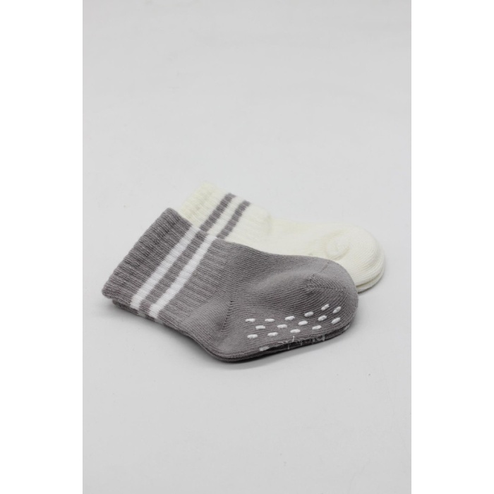 Çemberli Kaymaz Soket Çorap 2Li BS10125 Gri Ekru