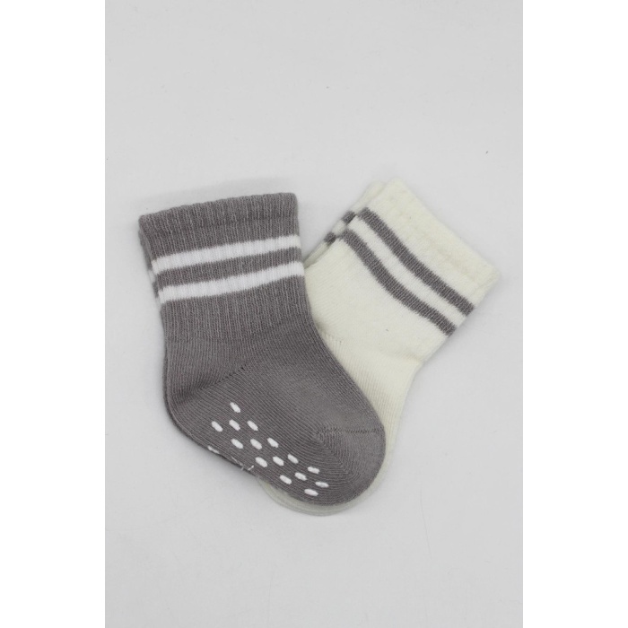 Çemberli Kaymaz Soket Çorap 2Li BS10125 Gri Ekru