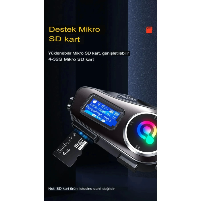 Q58-max Radyolu 2 Kişi Bağlantılı Bluetooth Kask Kulaklık Ekranlı Fenerli Müzik Ve Telsiz Intercom